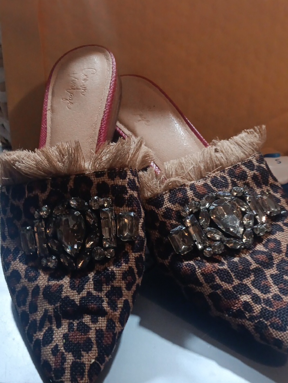 Crown Vintage Leopard Print Crystal-Embellished Mules - Brown